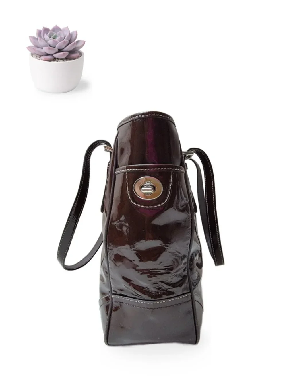 Coach Hamptons Patent Leather Lunch Tote Mahogany Brown Silver Hardware F11519